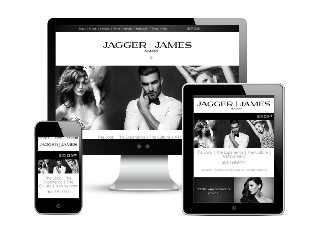 JAGGER | JAMES SALON responsive website design and development, displayed on a desktop computer, tablet, and smart phone.