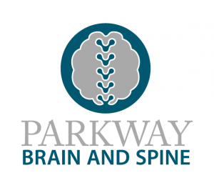 A logo design for Parkway Brain and Spine, with vertebrae lining the middle of a brain shape.